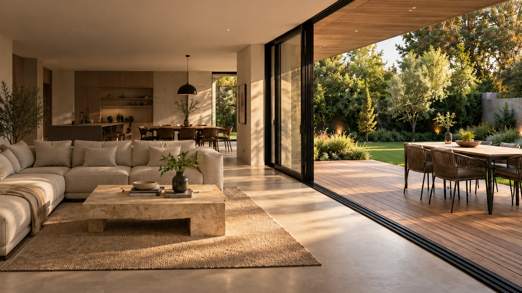 Living con piso de tono claro y ventanales abiertos a un deck y jardín; imagen de ambientación