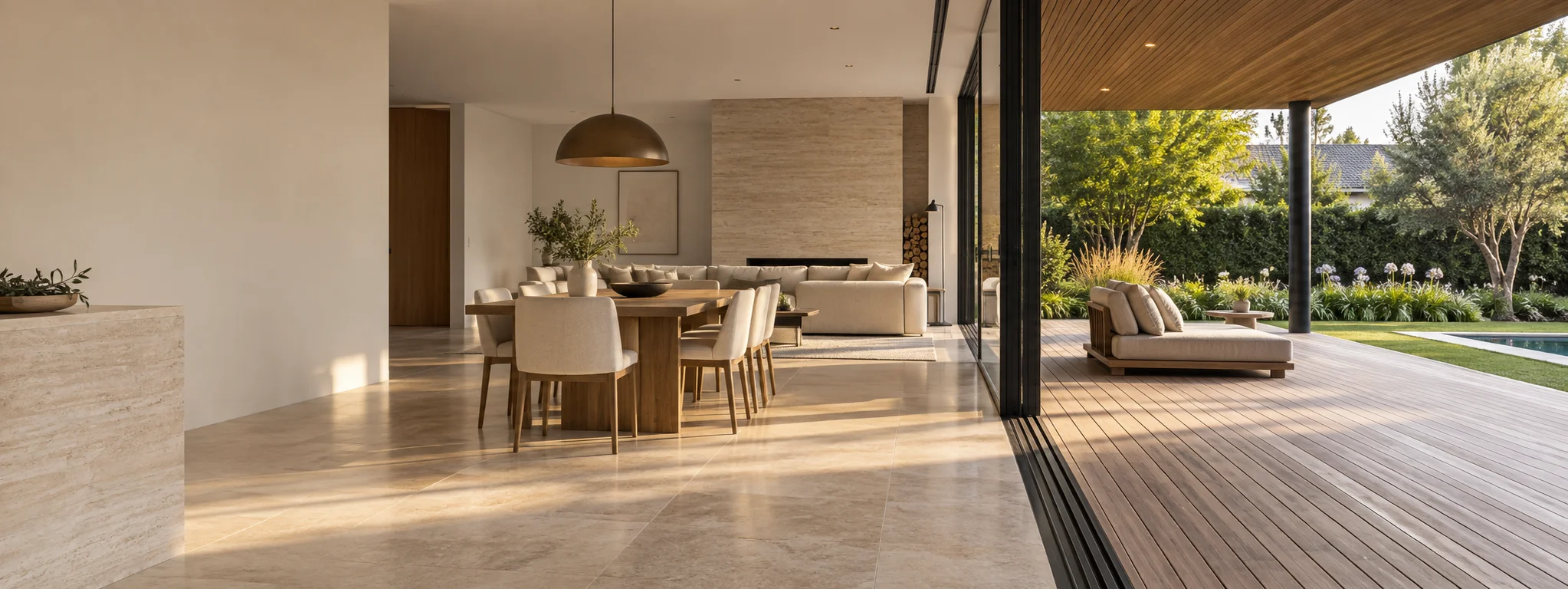 Ambientación de una residencia con piso de piedra claro, revestimiento de travertino y una galería con deck de madera abierta al jardín.