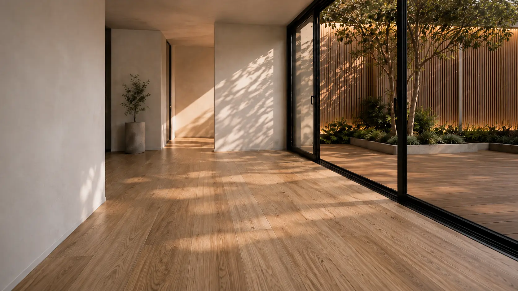 Referencia de interior con piso de madera clara, abierto hacia un patio con deck y listones