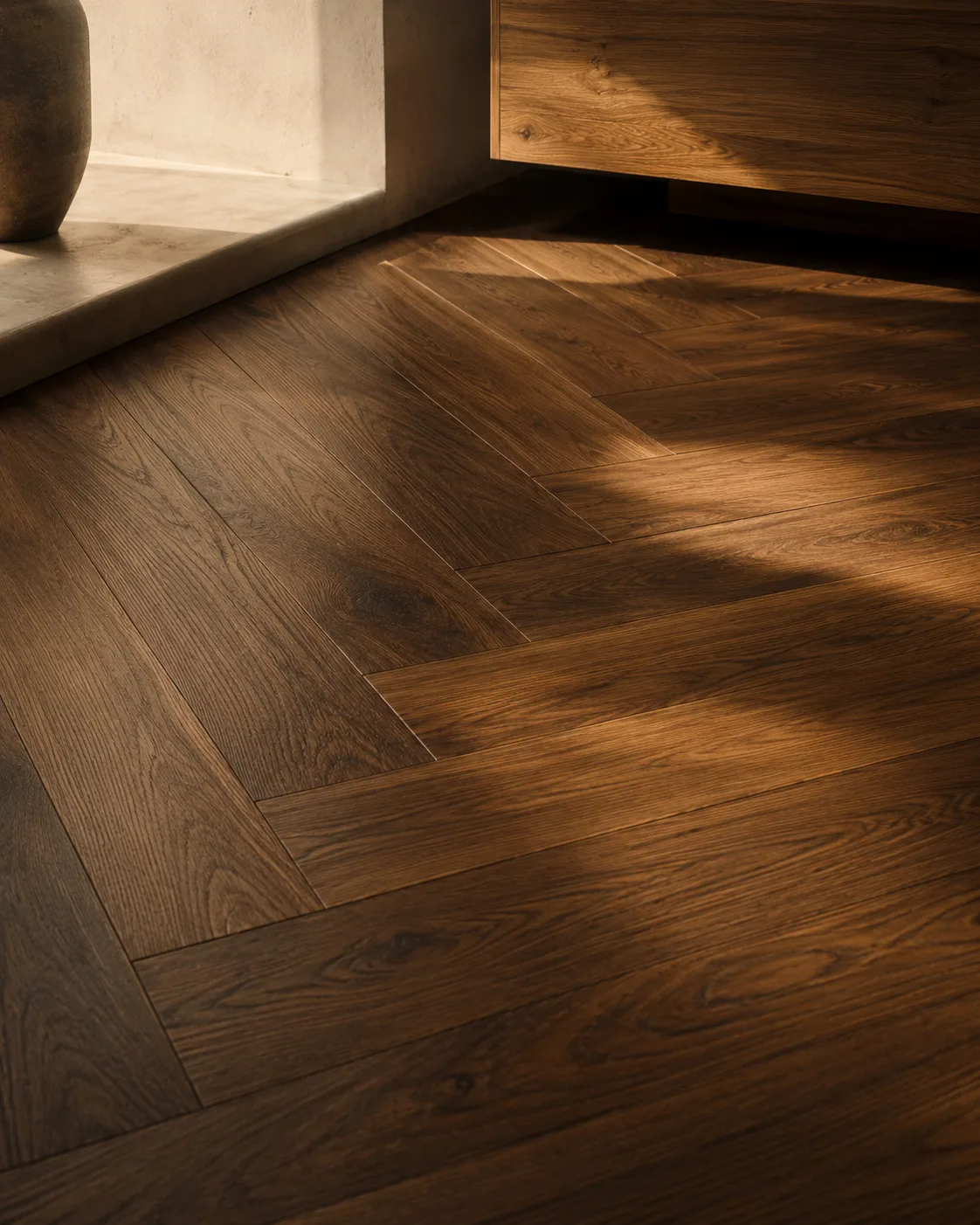 Piso de madera en espiga bajo luz rasante, junto a un mueble bajo de madera maciza