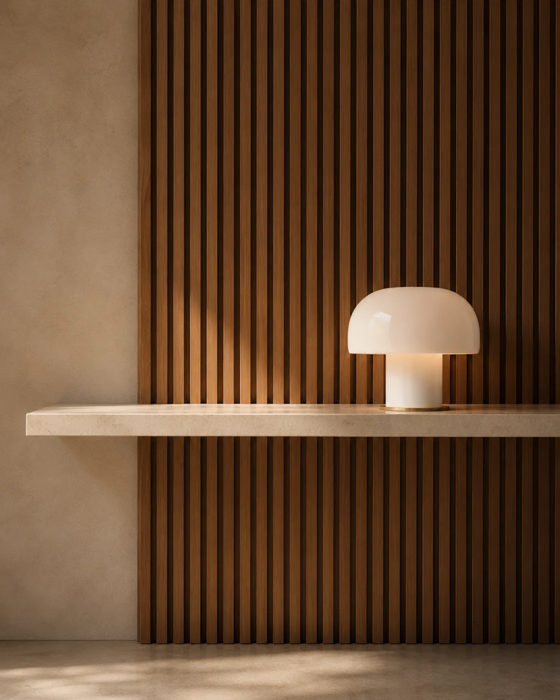 Panel de listones de madera vertical con una repisa y una lámpara encendida