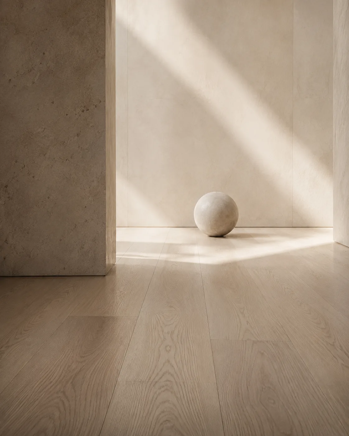Esfera de piedra apoyada sobre un piso de madera clara, en el encuentro de dos ambientes bañados por luz rasante