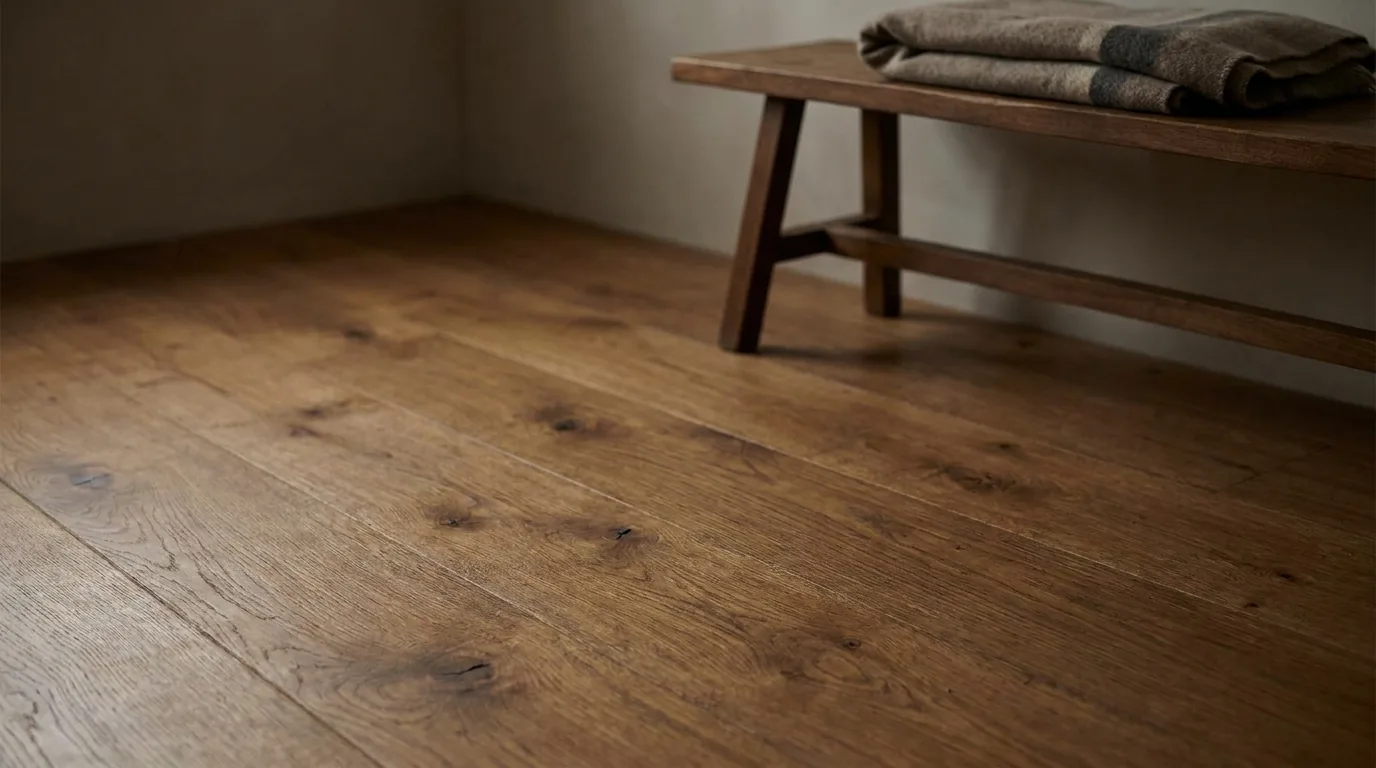 Piso de madera maciza con nudos y veta marcada, junto a un banco de madera oscura