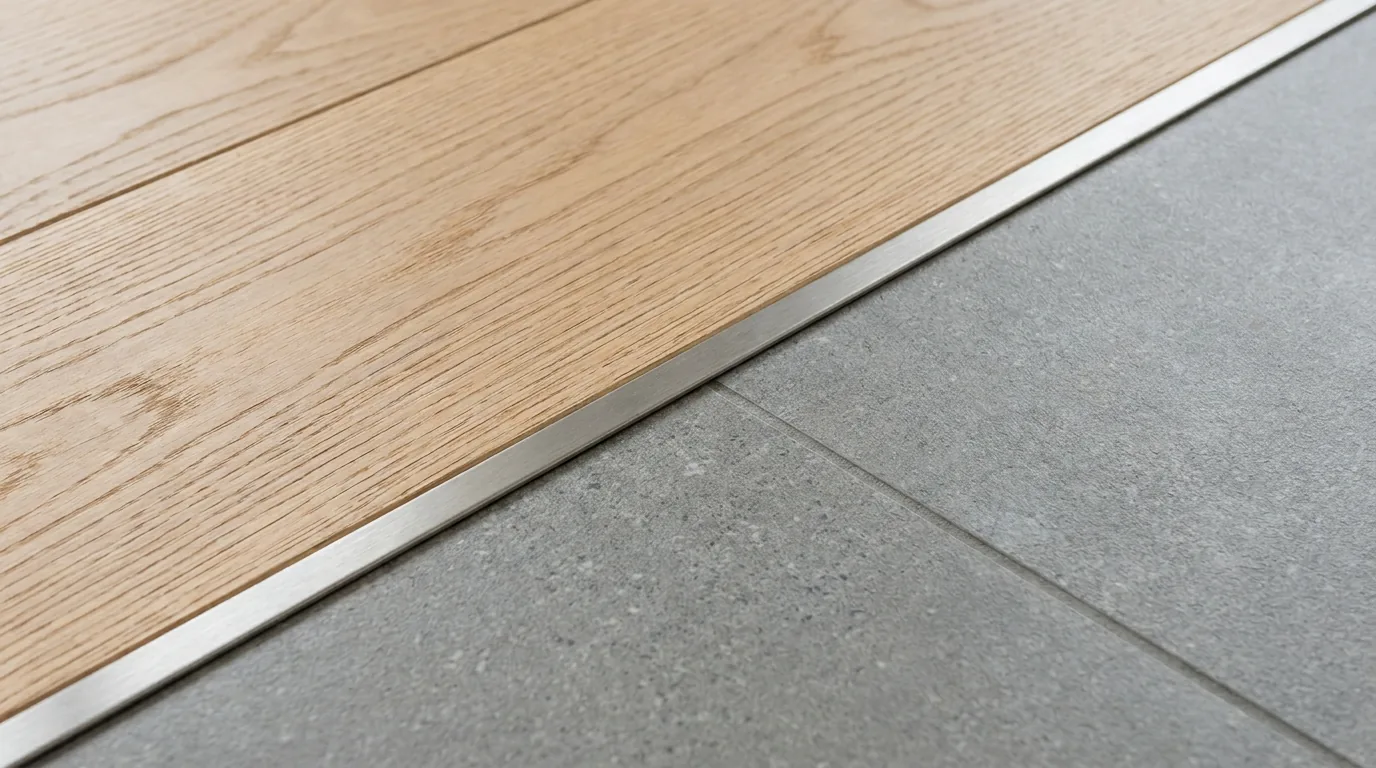 Detalle del encuentro entre un piso de madera y un solado cerámico resuelto con perfil metálico de transición