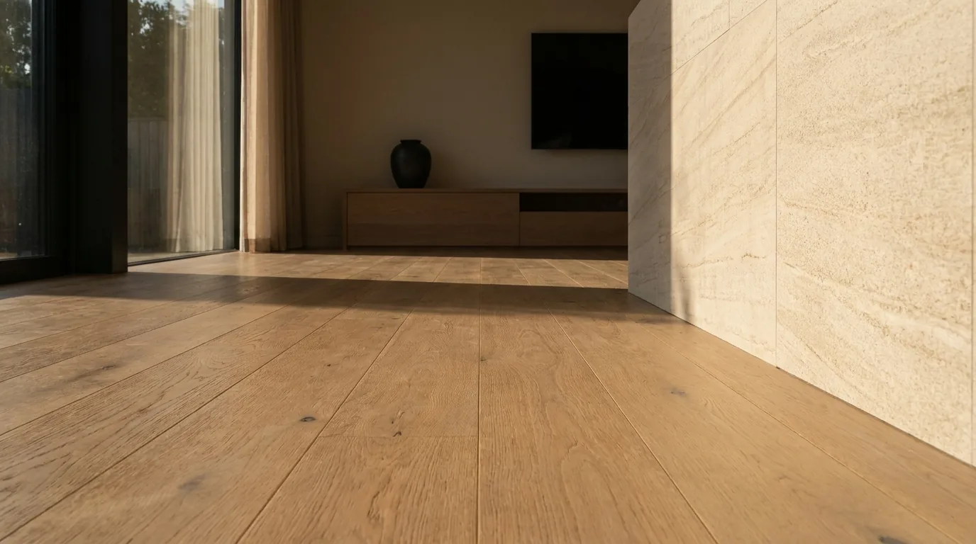 Ambiente interior con piso de tablas anchas símil roble recorrido por luz rasante
